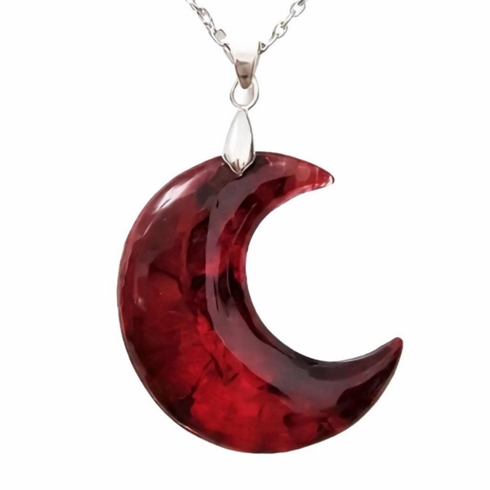 Red Crescent Moon Pendant Necklace - 20” Dainty Chain Celestial Gothic Vibes